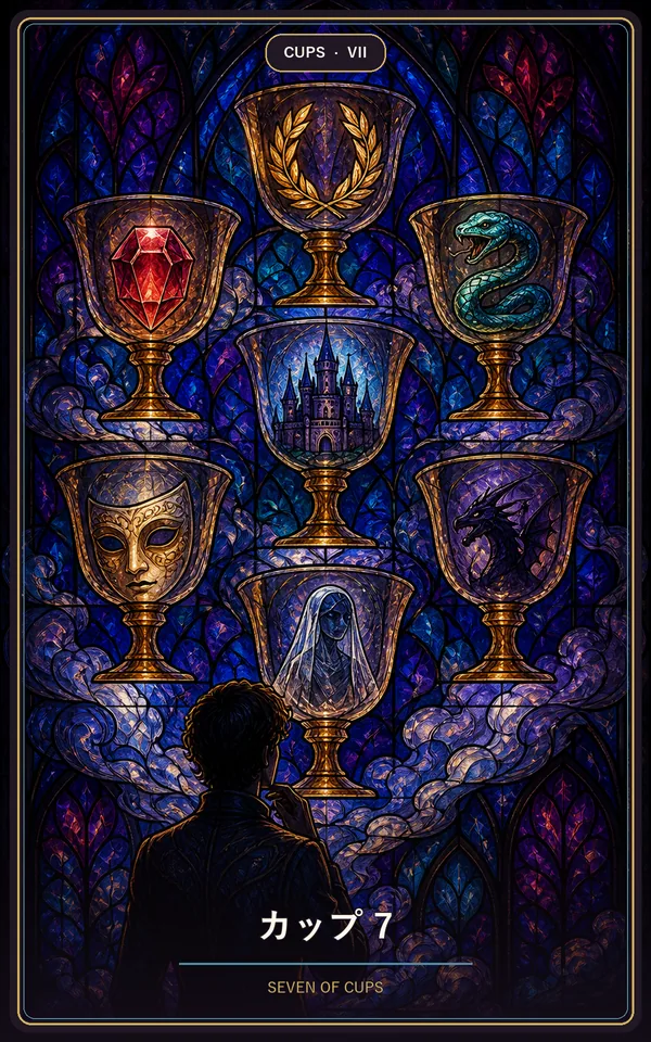タロットカード「カップ 7」（SEVEN OF CUPS）JyuJyuオリジナルの絵柄