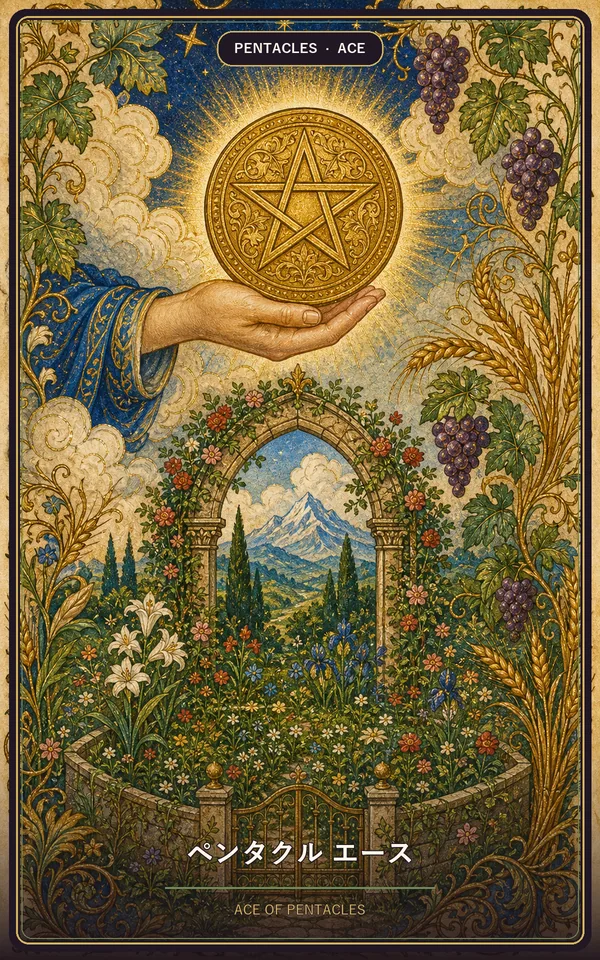 タロットカード「ペンタクル エース」（ACE OF PENTACLES）JyuJyuオリジナルの絵柄