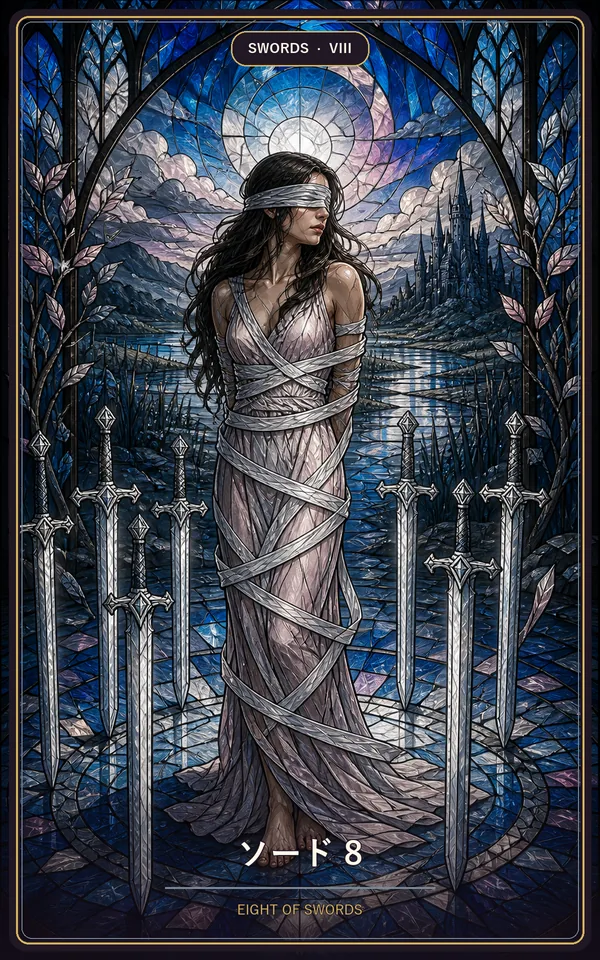 タロットカード「ソード 8」（EIGHT OF SWORDS）JyuJyuオリジナルの絵柄