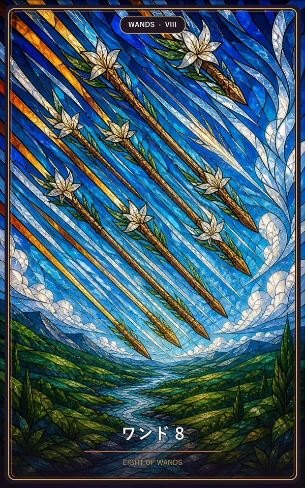 タロットカード「ワンド 8」（EIGHT OF WANDS）JyuJyuオリジナルの絵柄