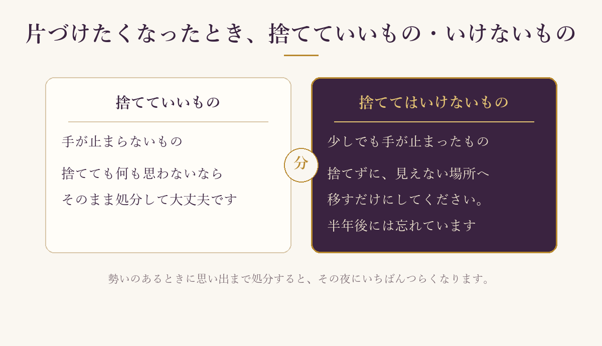 片づけで捨てていいものと捨ててはいけないものを比べた図